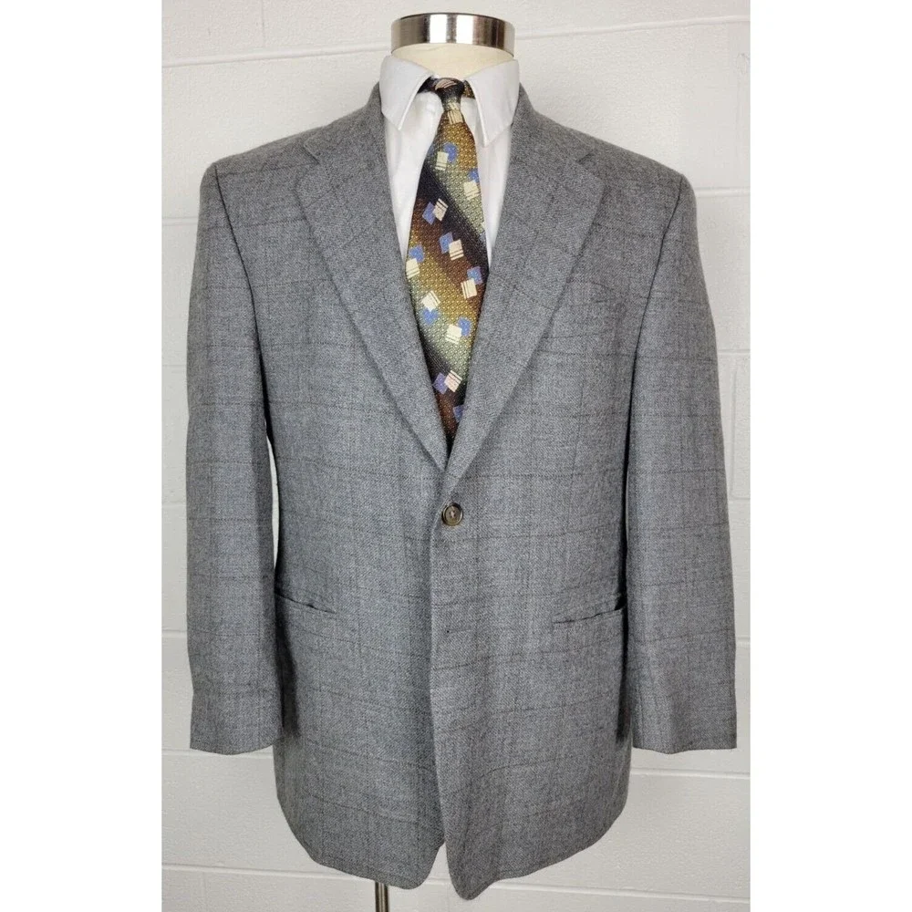Vtg Chaps Ralph Lauren Alpaca & Wool Gray Windowpane Sport Coat‎ Jacket 42R